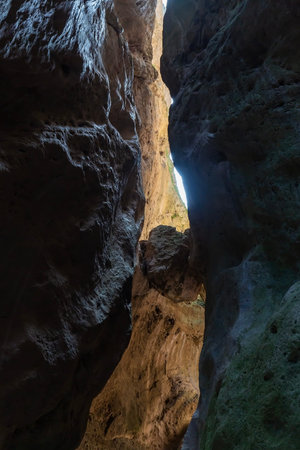 Steep stone walls of the Karadakh Gorge, a canyon in the Republic of Dagestan, Russia. It is a...