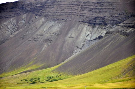 Vulcanic sand touching green grassの写真素材