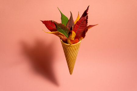 Ice cream cone filled with autumn leaves