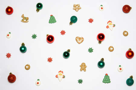 Creative layout made of Christmas decorations. Flat lay Christmas conceptの写真素材