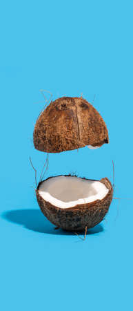 Coconut split on half with one half floating in air. Blue background. 9:21 aspect ratioの写真素材