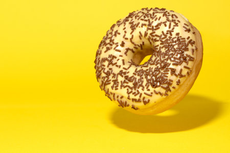 Levitating yellow donut on a yellow background. Creative sweet conceptの写真素材