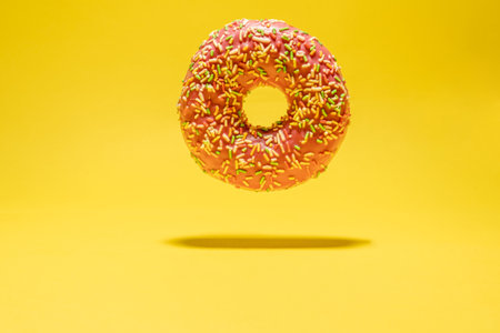 Levitating pink donut on yellow background. Creative food backgroundの写真素材