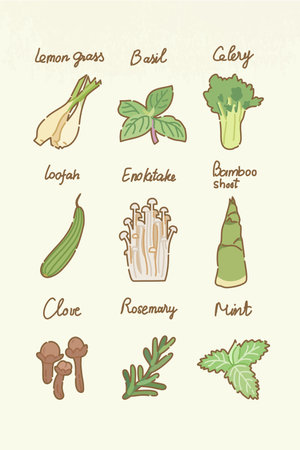 Vegetables and herbs. Vector illustration of vegetables and herbs.のイラスト素材