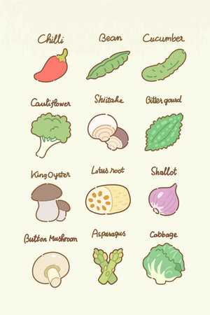Vegetable icons set. Vector illustration of different types of vegetables.のイラスト素材