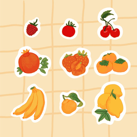 Set of stickers with fruits on a beige background. Vector illustrationのイラスト素材