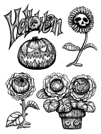 Halloween pumpkins and flowers set, hand drawn vector illustration.のイラスト素材
