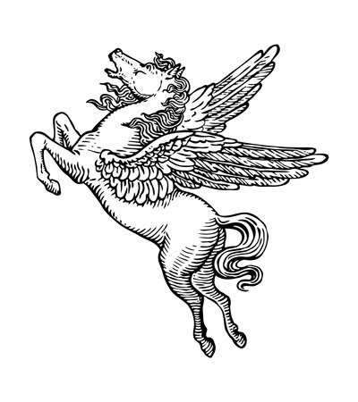 Heraldic horse with wings. Black and white engraving vector illustration.のイラスト素材