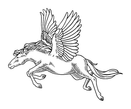 Horse flying with wings, sketch vector illustration isolated on white background.のイラスト素材