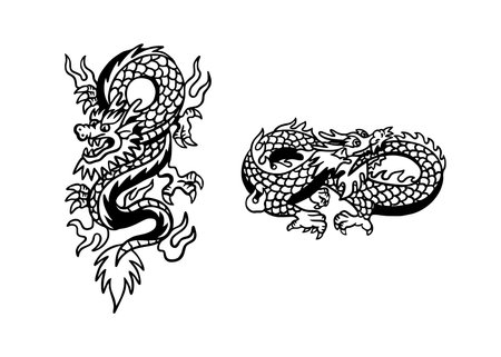 Chinese dragon tattoo. Hand drawn vector illustration isolated on white background.のイラスト素材