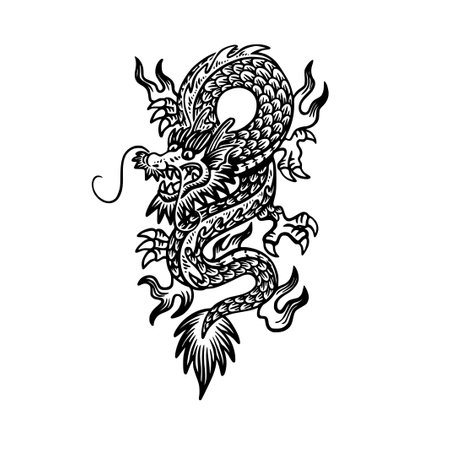 Dragon tattoo. Black and white vector illustration. Isolated on white background.のイラスト素材