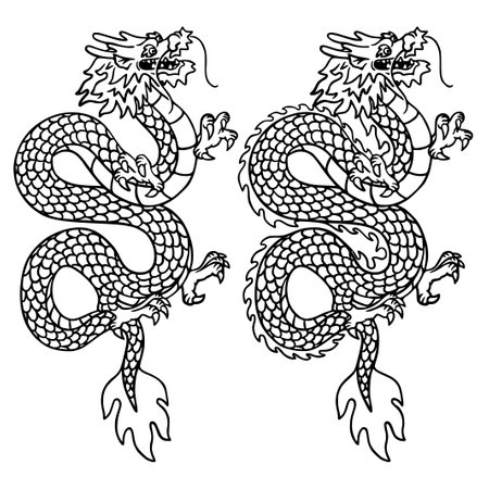 Chinese dragon. Black and white illustration for coloring book. Isolated on white background.のイラスト素材