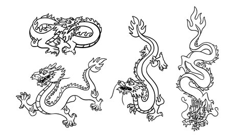 Chinese dragon. Set of vector illustrations in black and white colors.のイラスト素材