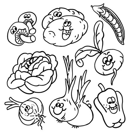 Vegetables hand drawn doodle vector set. Black and white illustration.のイラスト素材