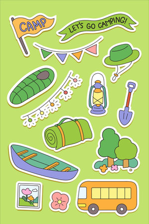 Set of cute hand drawn travel and camping elements. Vector illustration.のイラスト素材