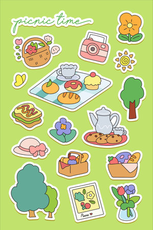 Cute vector set of food and drinks stickers. Vector illustration.のイラスト素材