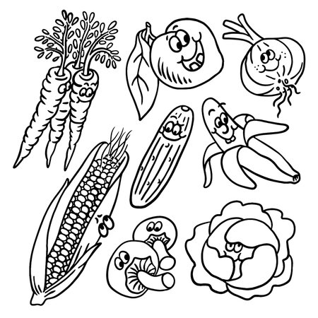 Set of vegetables. Black and white vector illustration in doodle style.のイラスト素材