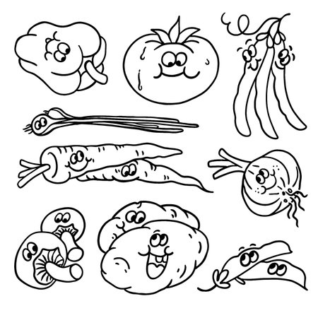 Vegetables cartoon doodle set. Hand drawn vector illustration.のイラスト素材