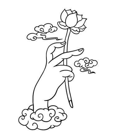 Hand holding lotus in the clouds. Black and white vector illustration. Buddha hand holding a Lotusのイラスト素材