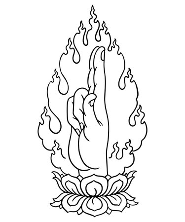 Black and white illustration of a human hand holding a hot fire.のイラスト素材
