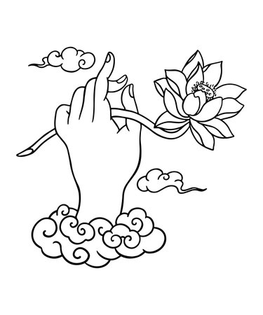 Hands with lotus flower and cloud icon in outline style vector symbol stock illustration web. Buddha hand holding a Lotusのイラスト素材