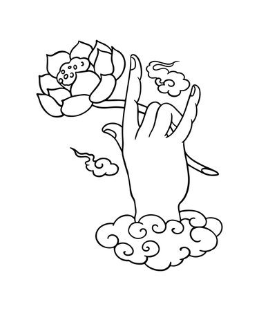 Black and white vector illustration of a hand holding a flower in a cloud. Buddha hand holding a Lotusのイラスト素材