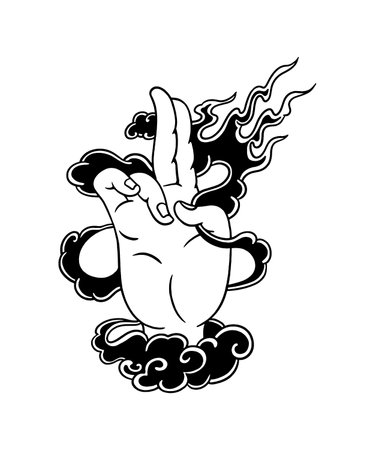 Black and white illustration of a human hand with a smoke coming out of it.のイラスト素材