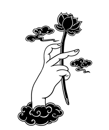 Hand holding a lotus flower. Black and white vector illustration.のイラスト素材