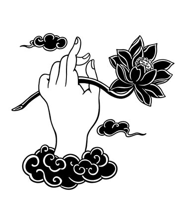 hand with lotus flower and clouds pop art style vector illustration designのイラスト素材