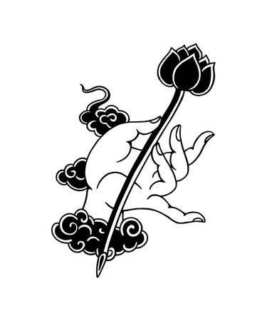 Hand Drawn Bergamot Cloud Holding Lotus Flower Black And Whiteのイラスト素材