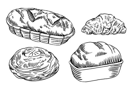 Bread and croissants set. Hand drawn vector illustration.のイラスト素材