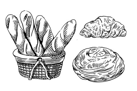 Basket with bread and croissants. Hand drawn vector illustration.のイラスト素材