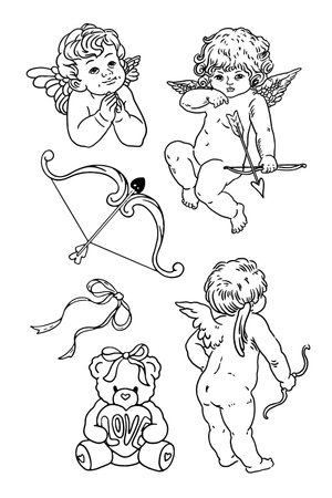 Coloring book for children, Cupid with bow and arrow and bearのイラスト素材