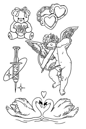 Valentine's day set with hearts, flowers and cupids. Vector illustration.のイラスト素材