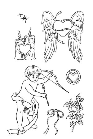 Cupid and love symbols. Hand drawn vector illustration isolated on white background.のイラスト素材