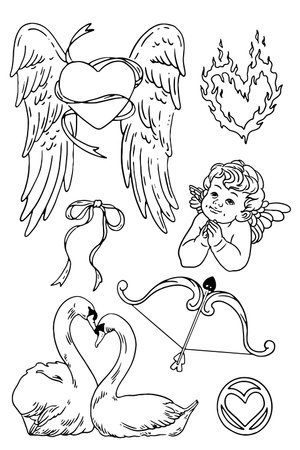 Angel, swan, heart, arrow, wings, bow and arrow, black and white vector setのイラスト素材