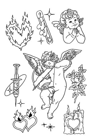 Cupid and Valentine's Day symbols. Vector set of hand drawn doodle illustrations.のイラスト素材
