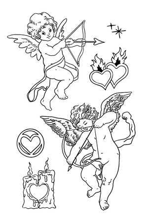 Set of valentine's day symbols. Cupid with bow and arrow, hearts and candles. Vector illustrationのイラスト素材