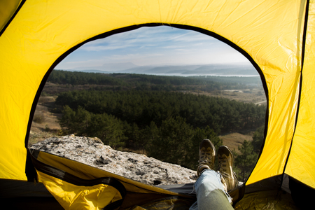 View from the tent. Cool trip. From the tent view of the mountains. Real hiking photo.の写真素材