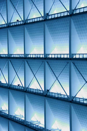 Metal design of an interior in a modern building in blue lightの写真素材