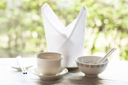 chinese table set for catering at banquet room in the restaurant, selective focusの写真素材