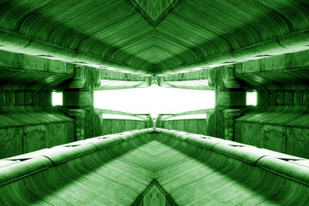 structure of public building similar to futuristic terminal of spaceship station interior in green light. modern inspiration of architecture, train station interior design. abstract background and building conceptの写真素材