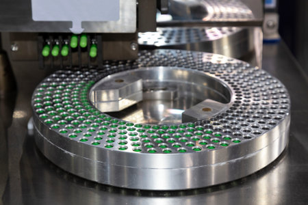 green capsule medicine pill in the production line of medicine filling machine at pharmaceutical...