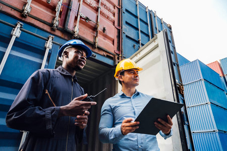 professional engineer and businessman checking and inspect containers in international cargo at the logistic port.  industrial, transportation, warehouse, import and export concept.の写真素材
