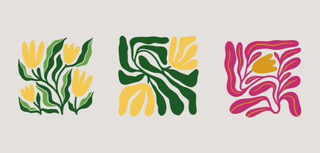 Groovy abstract flower art set. Organic floral doodle shapes in trendy naive retro hippie 60s 70s style. Botanic vector illustrationのイラスト素材
