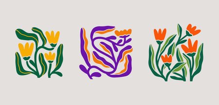 Groovy abstract flower art set. Organic floral doodle shapes in trendy naive retro hippie 60s 70s style. Botanic vector illustrationのイラスト素材