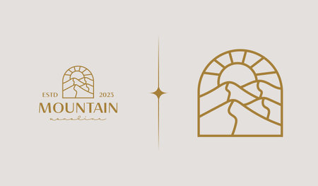 Mountain Hill Top Sun Rays monoline. Universal creative premium symbol. Vector sign icon logo template. Vector illustrationのイラスト素材