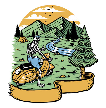 skull riding scooter on mountainのイラスト素材