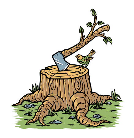 tree stump and ax in natureのイラスト素材