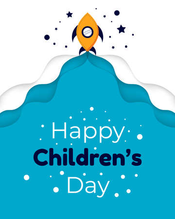 design and illustration of childrens day celebration, rocket illustration, papercut shapesのイラスト素材